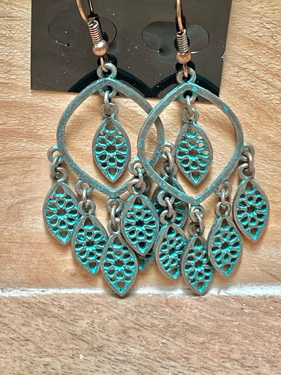 Jewelry - Turquoise Patina Leaf Chandelier Earrings - Women Jewelry